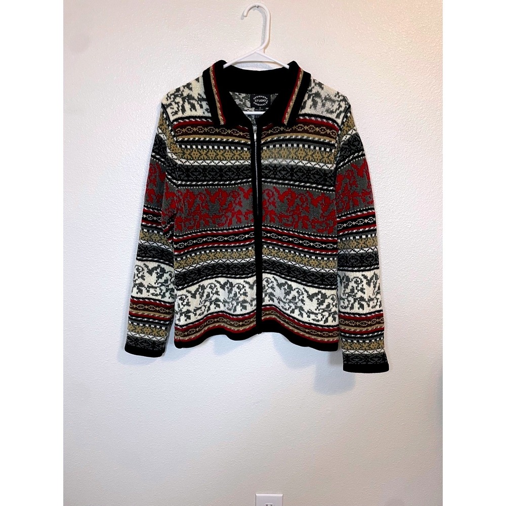 Designers Studio Originals Womens‎ Zip Up Cardigan Sweater MultiColor Pattern M